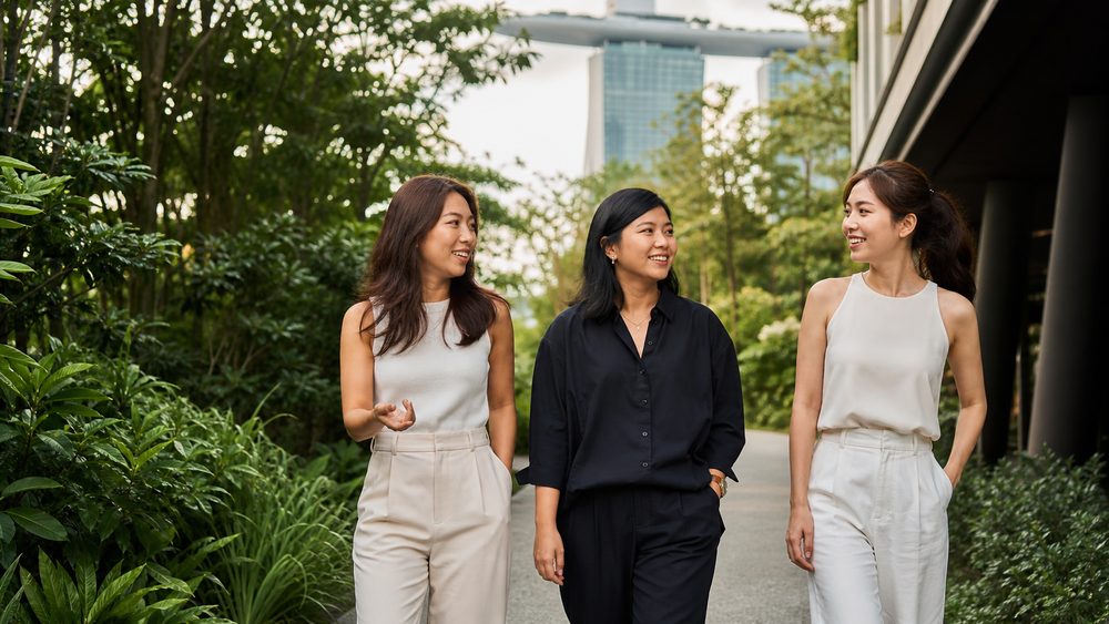 Three women leaders walking together and sharing ideas as peers