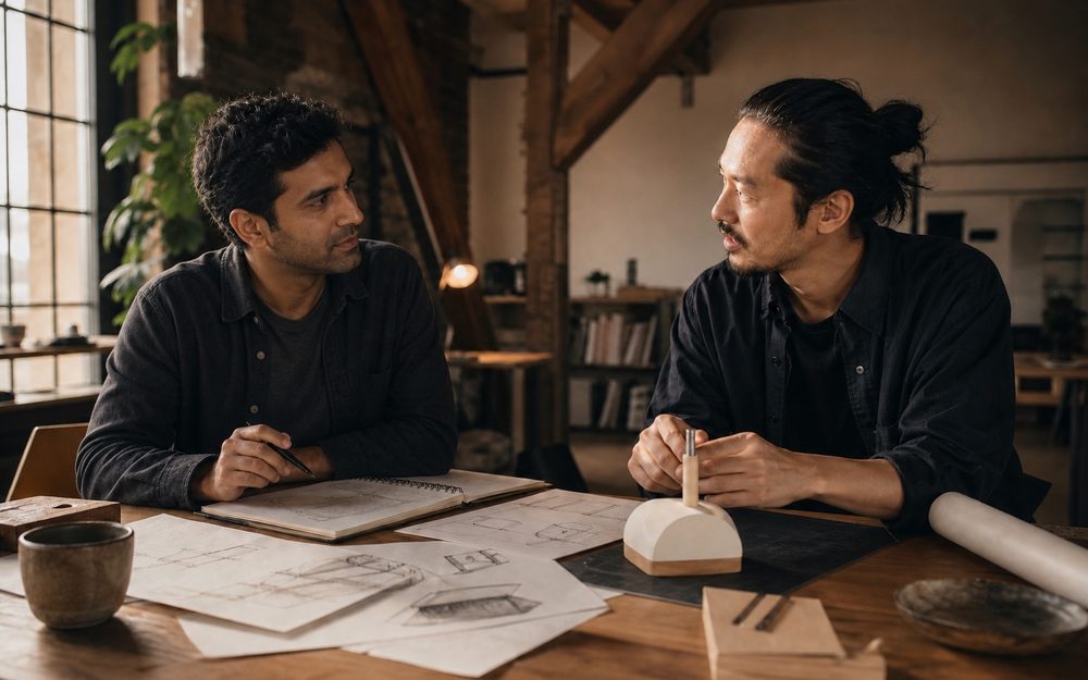 Two prospective co-founders discussing an idea in a design studio